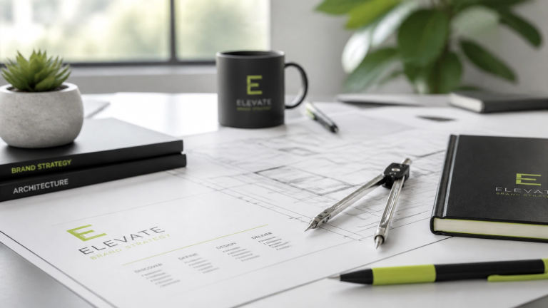 A modern professional desk with a blueprint and compass, symbolizing brand strategy and planning