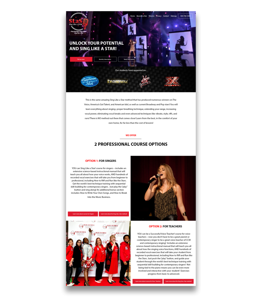 Sing Like a Stgar website desktop view.